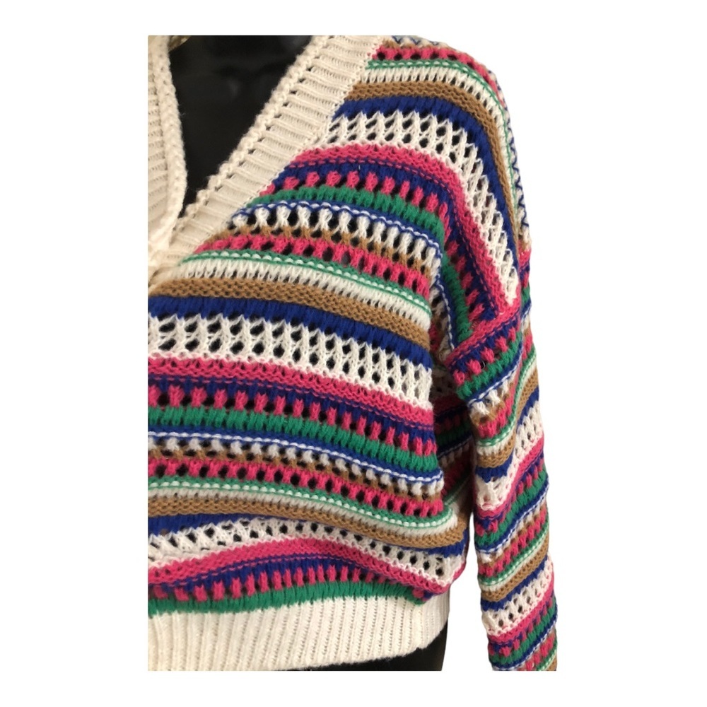 Vigoss Cream multistriped crochet‎ knit grandpa cardigan sweater size large new - Picture 9 of 16
